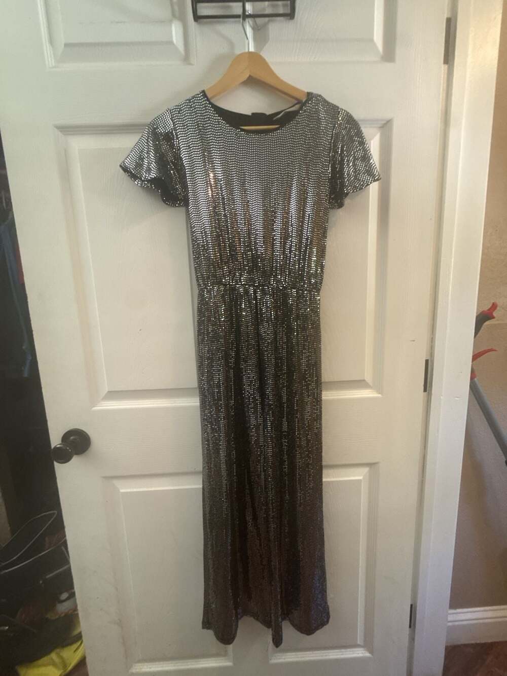John Lewis Girl's Silver Sequin Flutter Sleeve Jumpsuit size 11